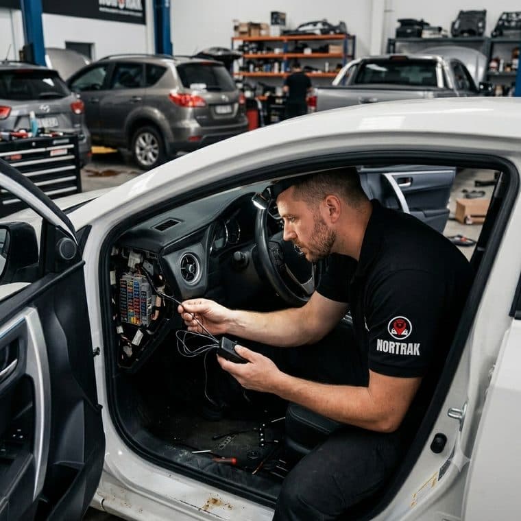 Técnico Nortrak instalando o rastreador veicular